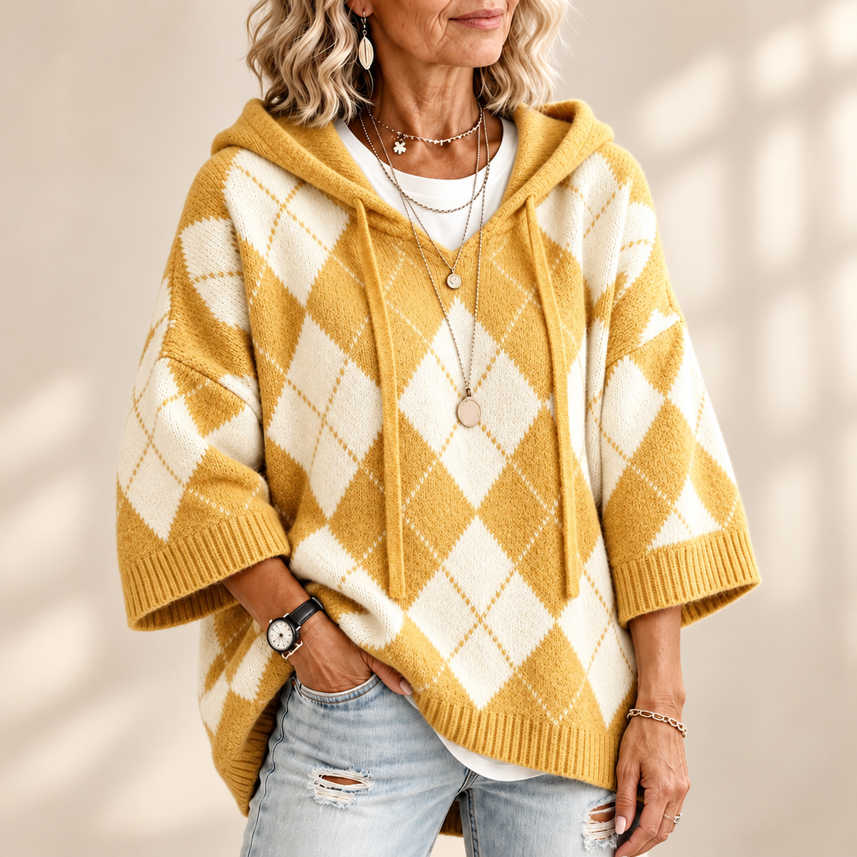 Sylvia | Elegant Argyle Hooded Knitted Jumper