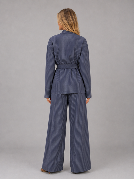 Women’s Pinstripe Two-Piece Set – High Neck Top & Wide Leg Trousers