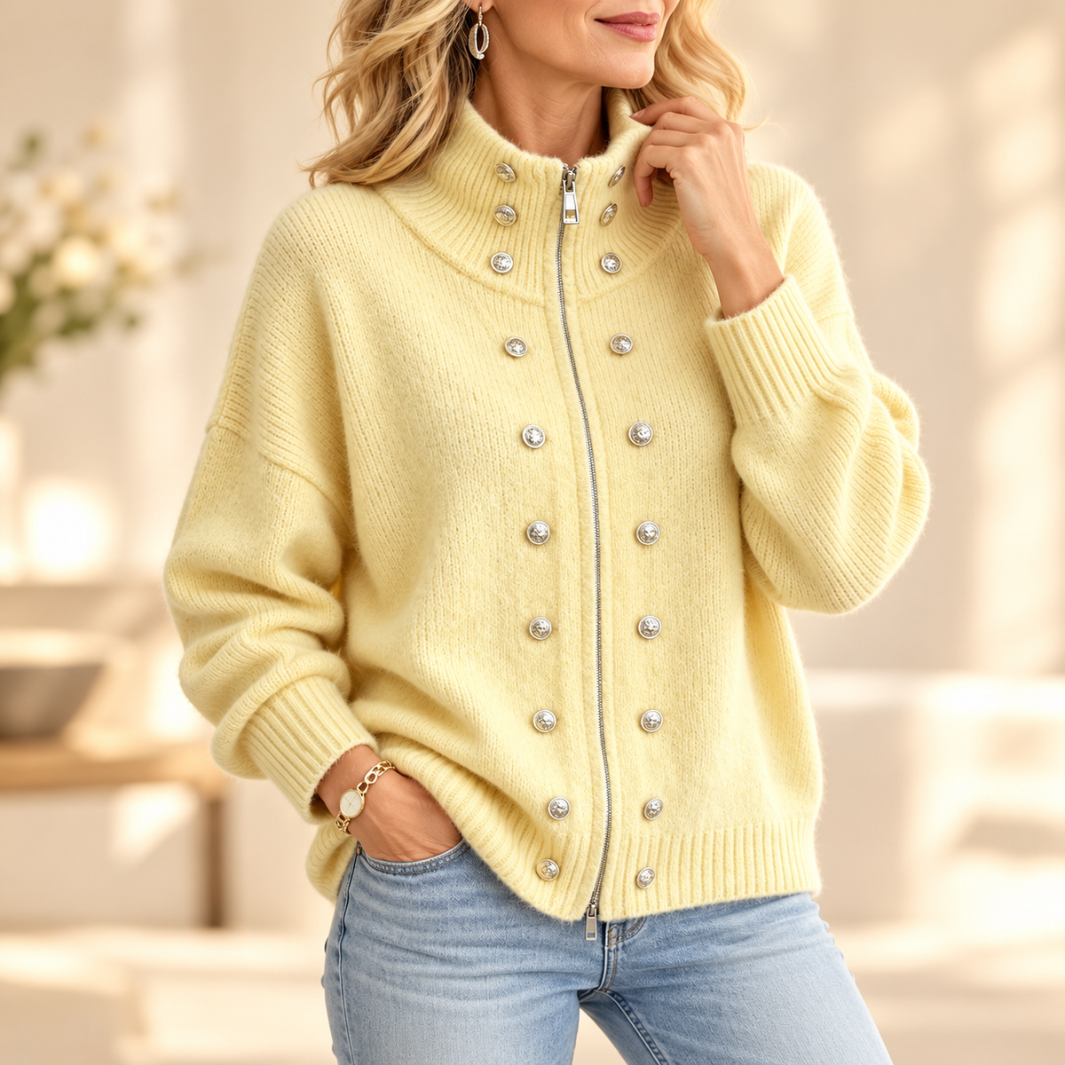 Delphine | High Neck Button Detail Knitted Cardigan