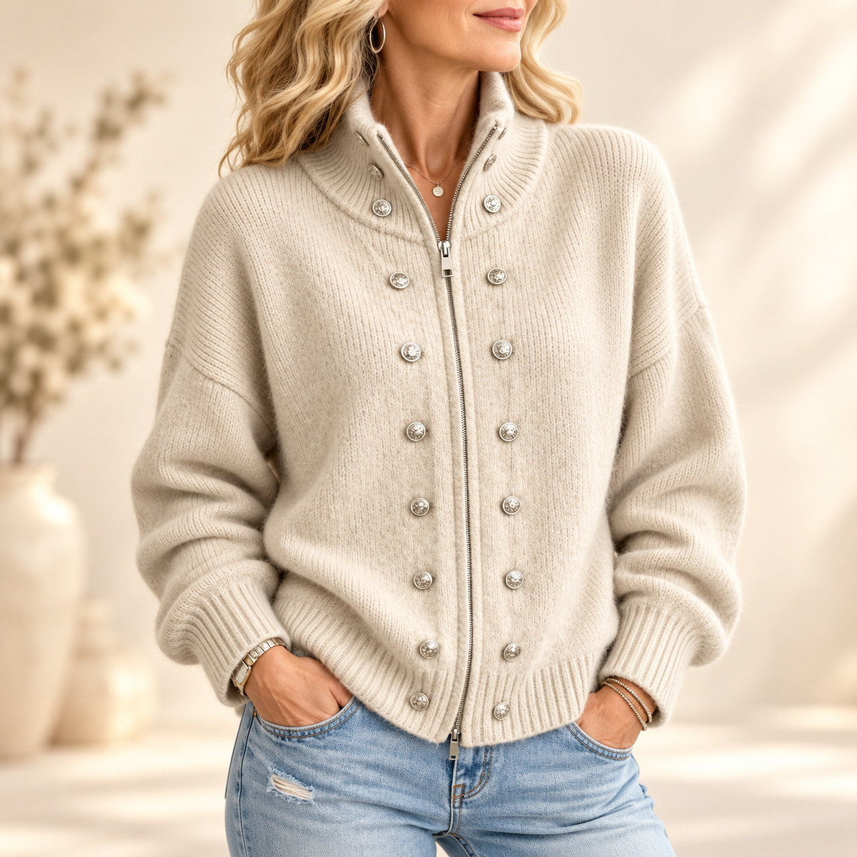 Delphine | High Neck Button Detail Knitted Cardigan