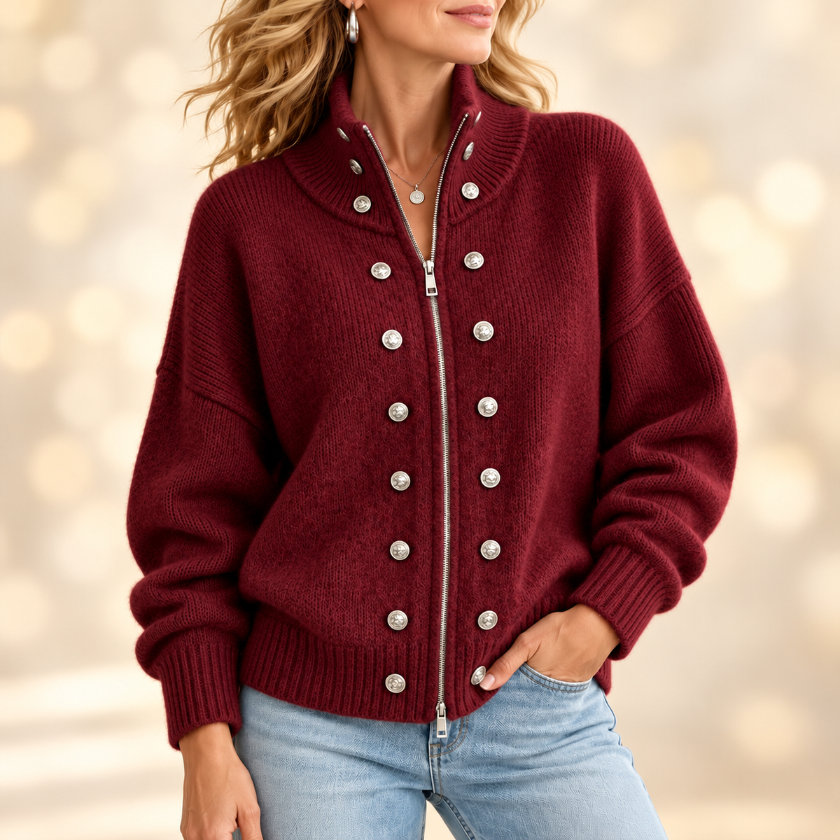 Delphine | High Neck Button Detail Knitted Cardigan