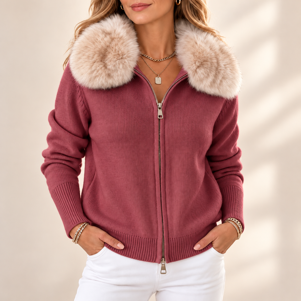 Harriet | Elegant Faux Fur Collar Zip-Up Cardigan