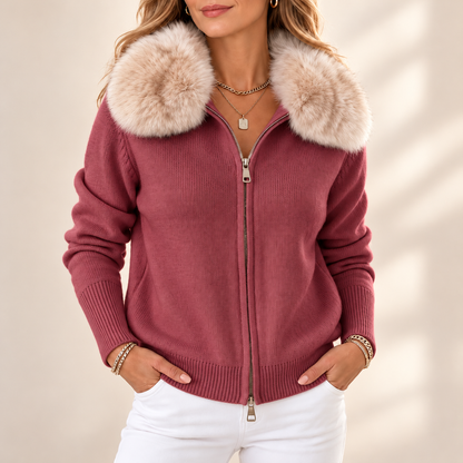 Harriet | Elegant Faux Fur Collar Zip-Up Cardigan