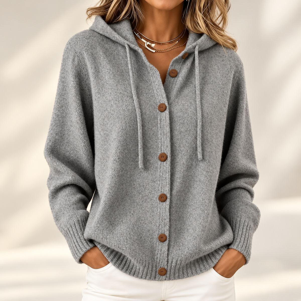 Rosalind | Elegant Hooded Button-Up Knitted Cardigan