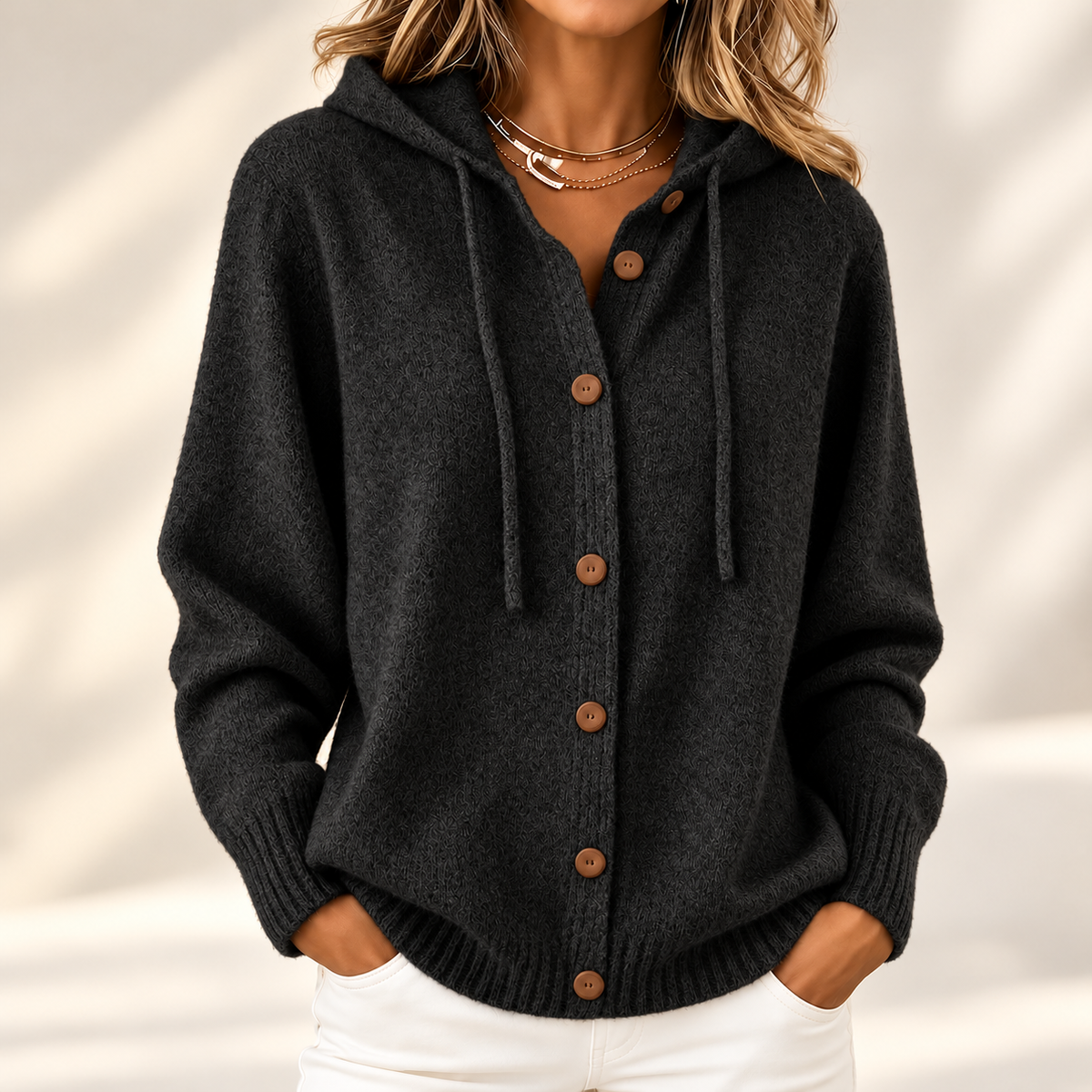 Rosalind | Elegant Hooded Button-Up Knitted Cardigan