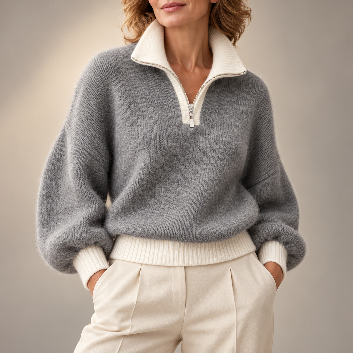 Constance | Elegant Contrast Collar Zip-Up Knitted Jumper