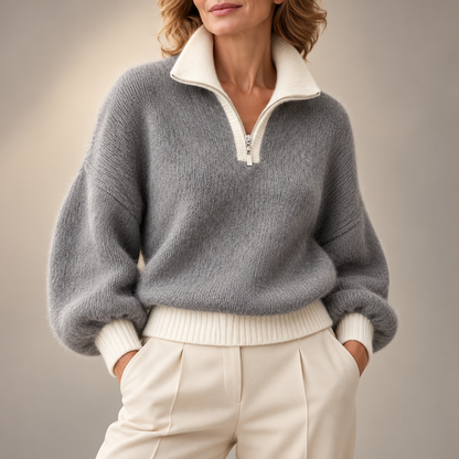 Constance | Elegant Contrast Collar Zip-Up Knitted Jumper