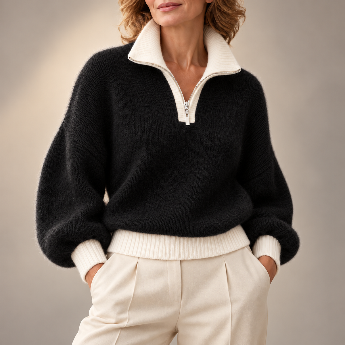 Constance | Elegant Contrast Collar Zip-Up Knitted Jumper