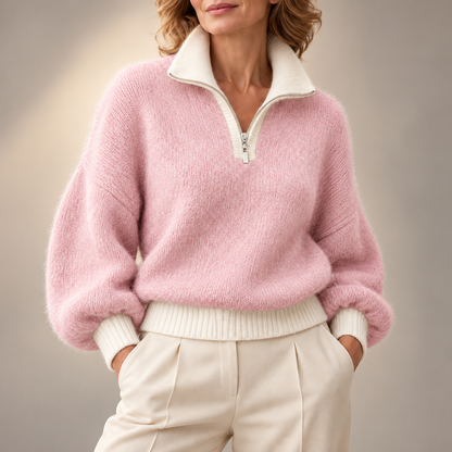 Constance | Elegant Contrast Collar Zip-Up Knitted Jumper
