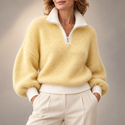 Constance | Elegant Contrast Collar Zip-Up Knitted Jumper