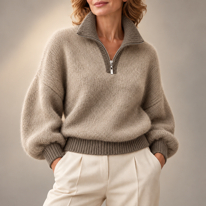 Constance | Elegant Contrast Collar Zip-Up Knitted Jumper