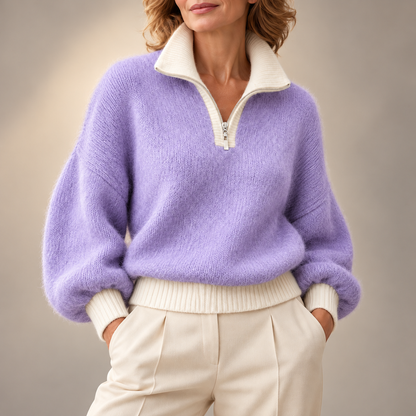Constance | Elegant Contrast Collar Zip-Up Knitted Jumper