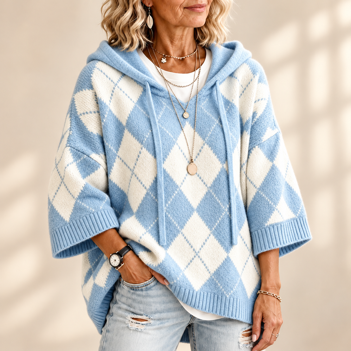 Sylvia | Elegant Argyle Hooded Knitted Jumper
