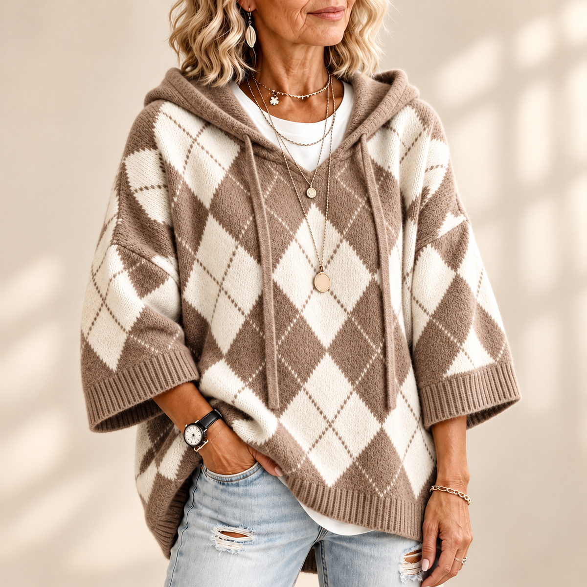 Sylvia | Elegant Argyle Hooded Knitted Jumper