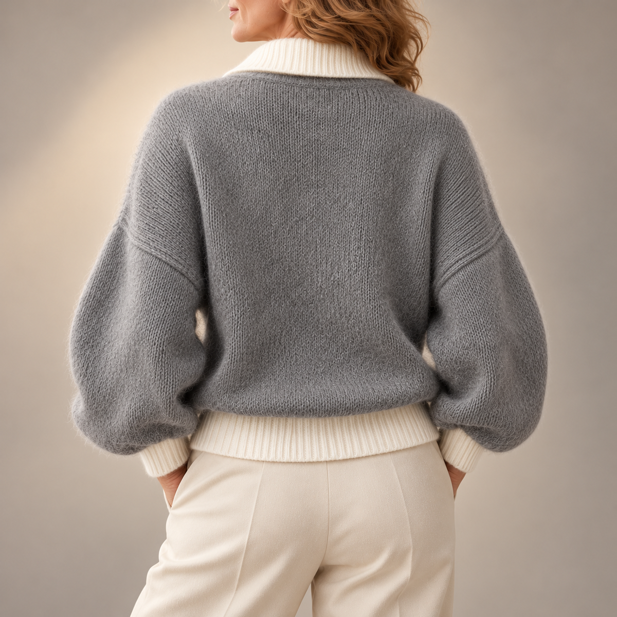 Constance | Elegant Contrast Collar Zip-Up Knitted Jumper