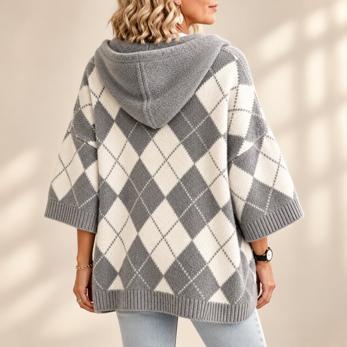 Sylvia | Elegant Argyle Hooded Knitted Jumper