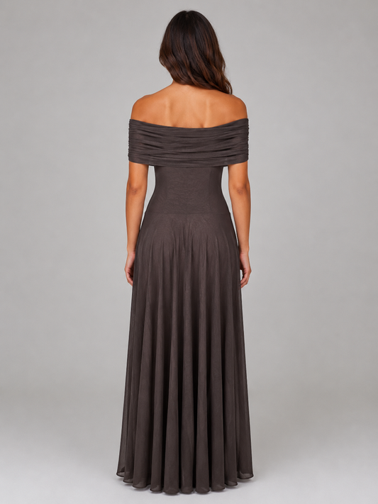 Women's Off Shoulder Mesh Maxi Dress – Ruched Evening Gown