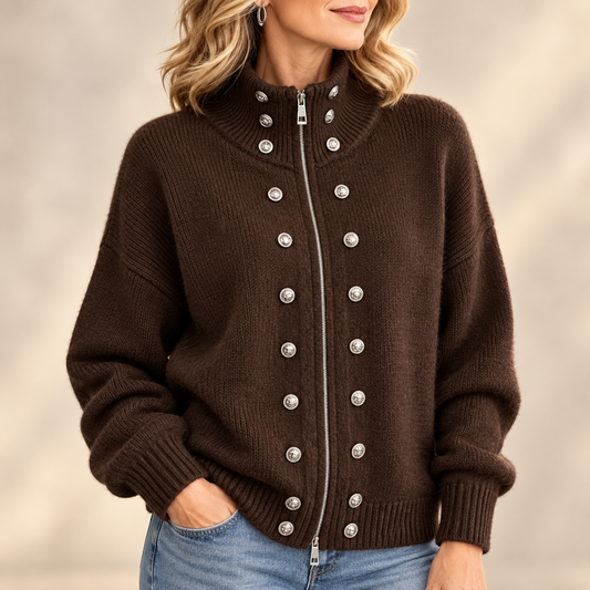 Delphine | High Neck Button Detail Knitted Cardigan