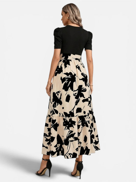 Women’s Floral Midi Dress – Puff Sleeve Belted Waist