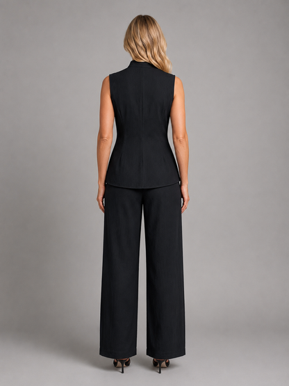 Women's Sleeveless Co-Ord Set – High Neck Button Top & Wide Leg Trousers