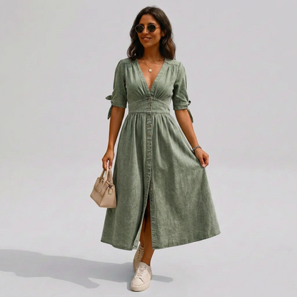 Jacqueline | Button-Front V-Neck Tie-Sleeve Midi Dress
