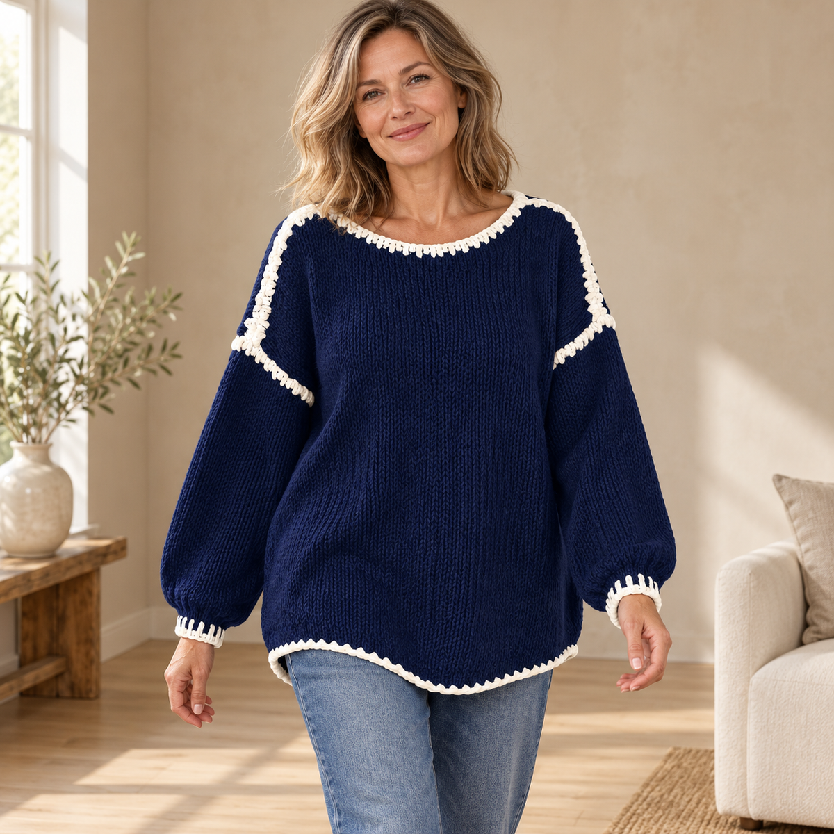 Rosalie | Contrast-Stitch Knitted Jumper