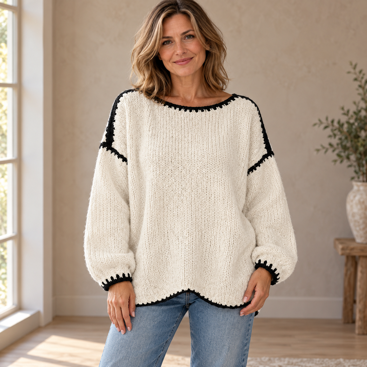 Rosalie | Contrast-Stitch Knitted Jumper
