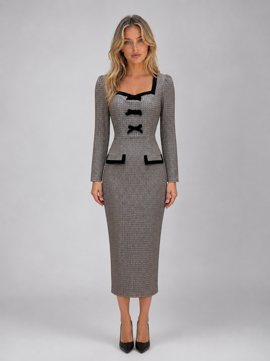 Women’s Check Midi Dress – Square Neck Long Sleeve Pencil Dress