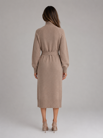 Women’s Cotton Knitted Midi Dress – Roll Neck Belted Jumper Dress