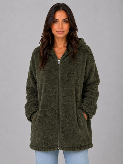 Women's Hooded Teddy Cardigan with Pockets – Longline Zip Plush Jacket
