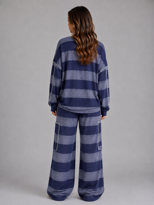 Women’s Oversized Striped Two-Piece Lounge Set – Sweatshirt & Wide Leg Trousers