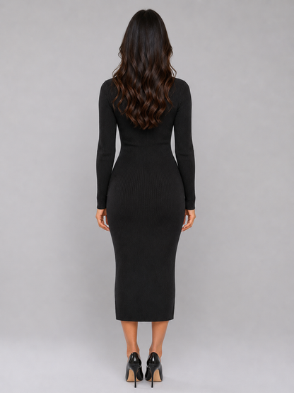 Women’s Ribbed Knitted Midi Dress – Slim Fit Button Front