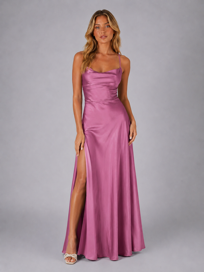 Women’s Satin Feel Cowl Neck Maxi Dress – Side Split Style