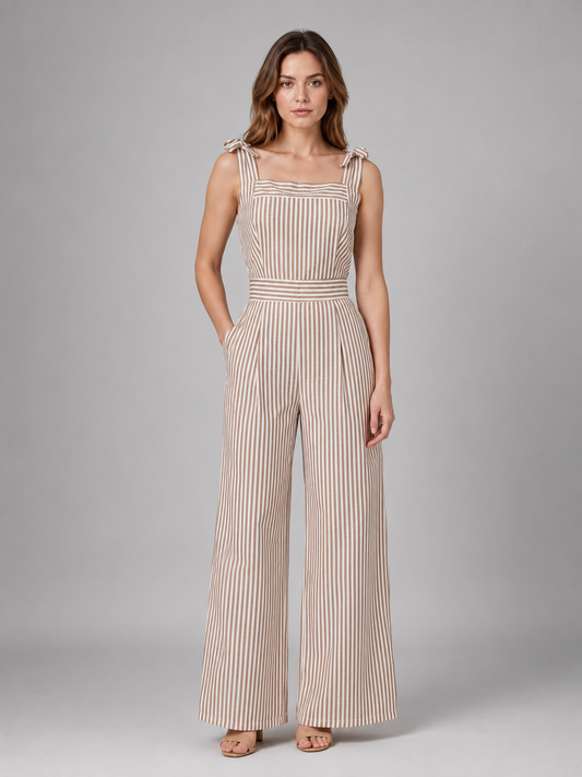 Women's Striped Wide Leg Jumpsuit – Tie Shoulder Summer Outfit