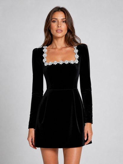 Women's Velvet Mini Dress – Crystal Embellished Square Neck Evening Dress
