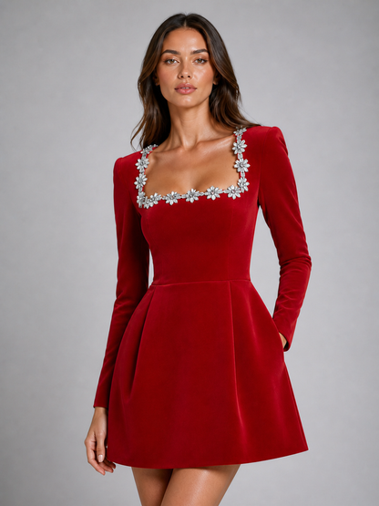 Women's Velvet Mini Dress – Crystal Embellished Square Neck Evening Dress