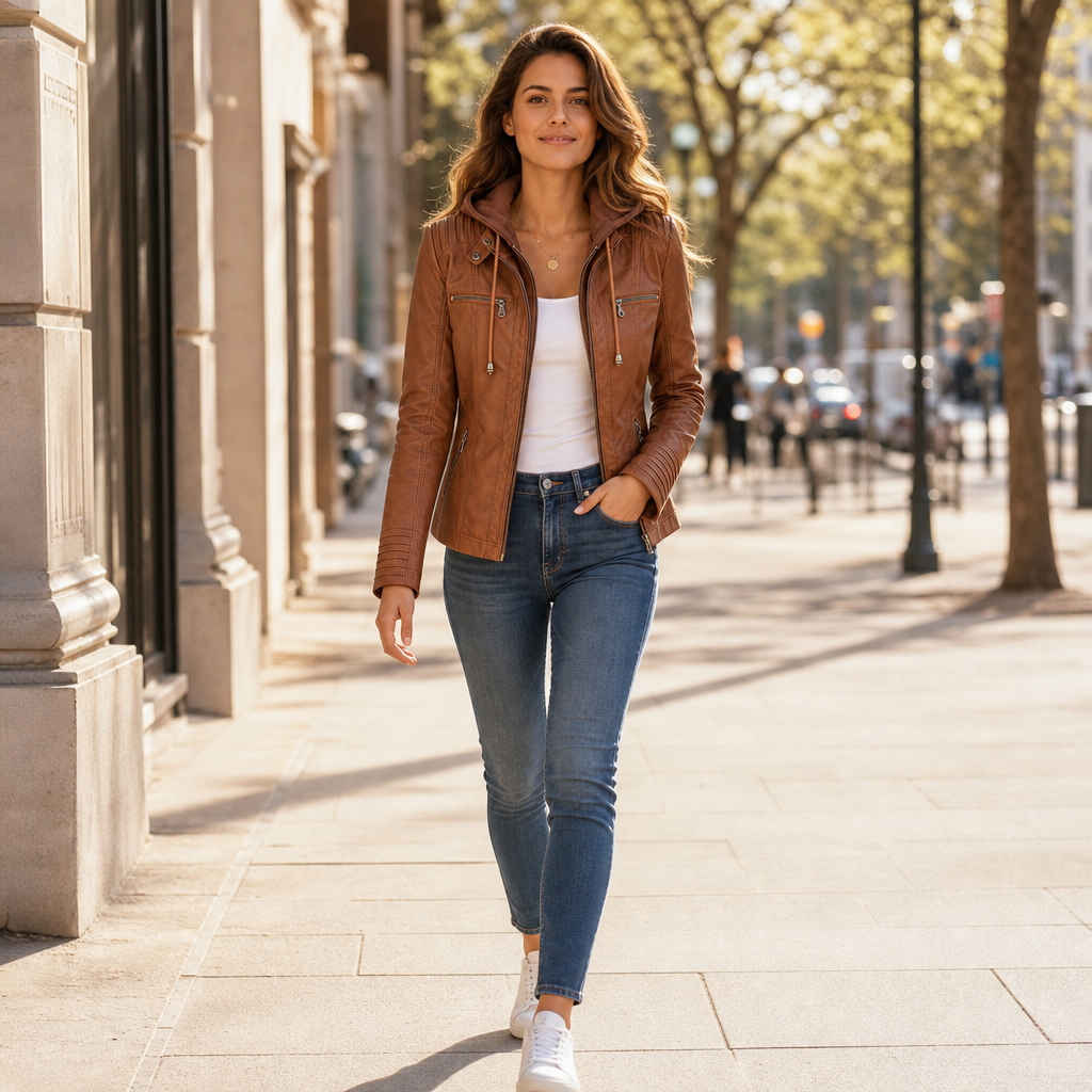 Harriet | Fitted Hooded Faux Leather Jacket